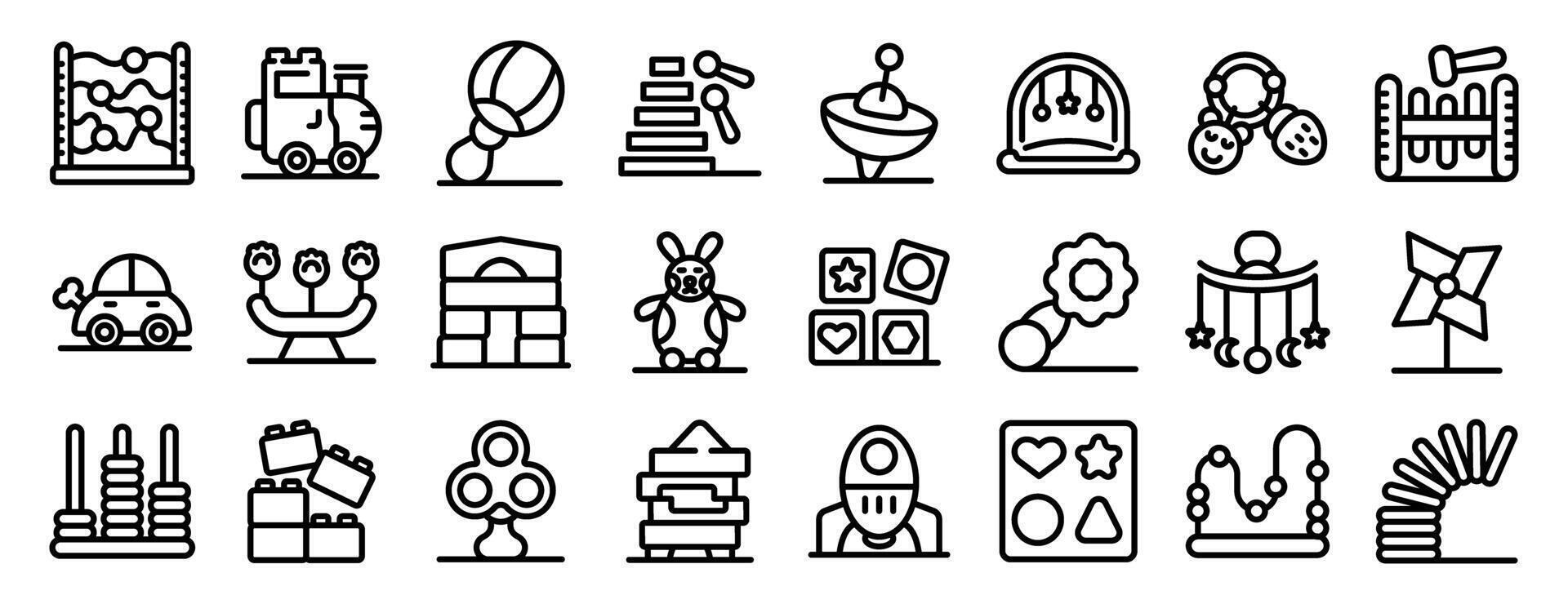 first babies toys icons set. Diverse set of toys designed to stimulate a child senses and encourage early development through play vector