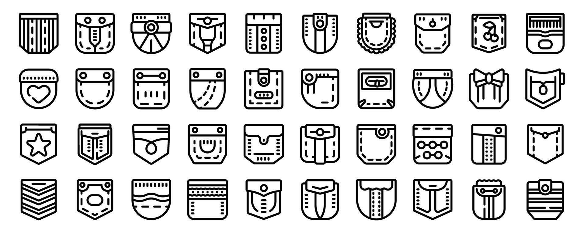 Patch pocket icons set. Fashion designers creating different pocket styles for clothing vector