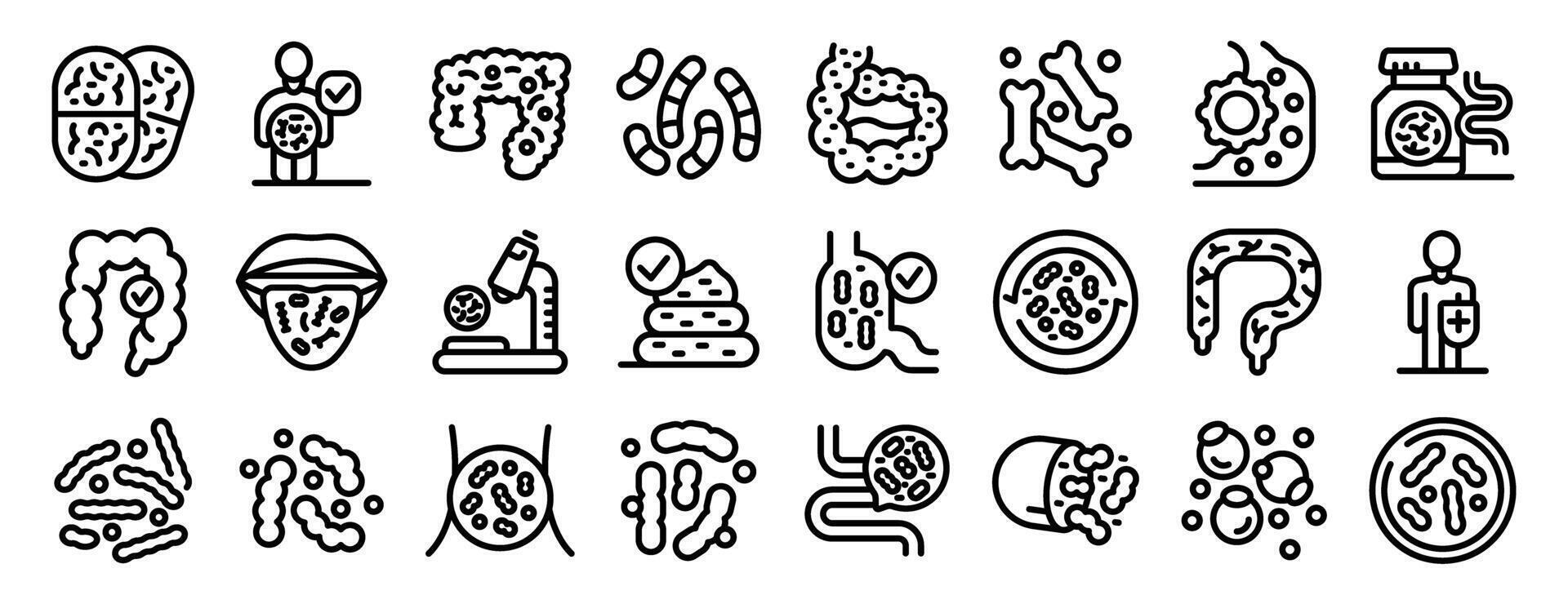 lactobacilli icons set. Doctor analyzing dysbiosis, gut microbiome and probiotics icons set vector