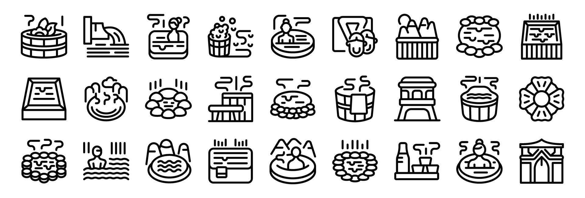 Japanese onsen icons set. People enjoying hot springs, thermal baths, saunas, and spas around the world vector