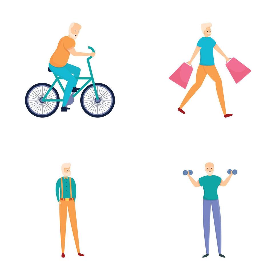 Old people icons set cartoon . Elderly people enjoying different hobby vector