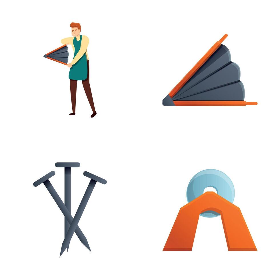 Blacksmithing icons set cartoon . Blacksmith man while working vector