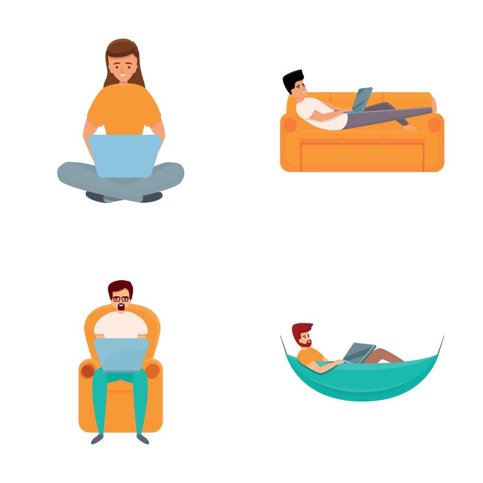 Remote work icons set cartoon . People work in comfortable condition vector