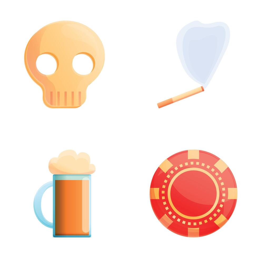 Various addiction icons set cartoon . Alcohol smoking gambling addiction vector