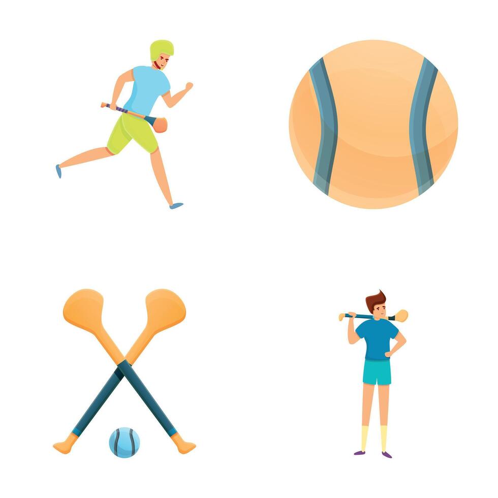 Ireland sport icons set cartoon . Player in helmet and hurling equipment vector