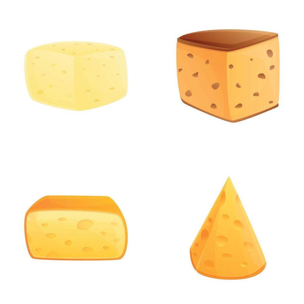 Cheese assortment icons set cartoon . Various type of hard and soft cheese vector