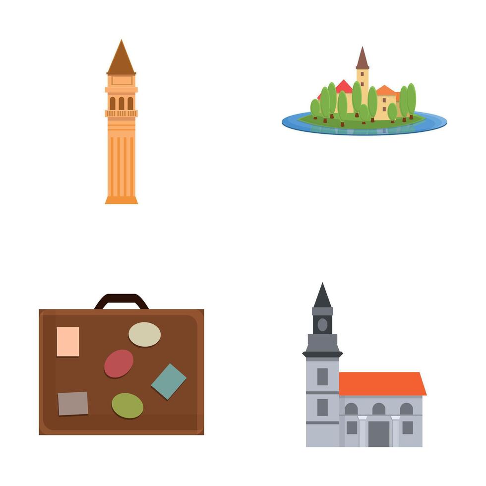 Slovenia landmark icons set cartoon . Slovenian nature and architecture vector