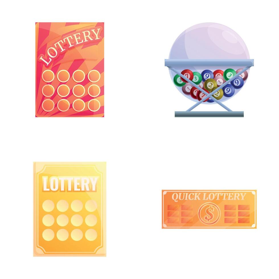 Quick lottery icons set cartoon . Lottery colored number ball and ticket vector