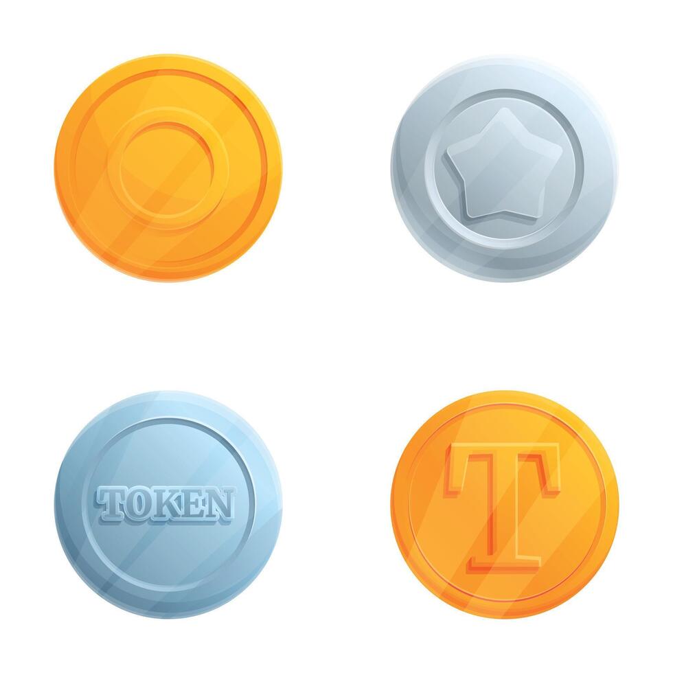Token icons set cartoon . Token coin with various symbol vector