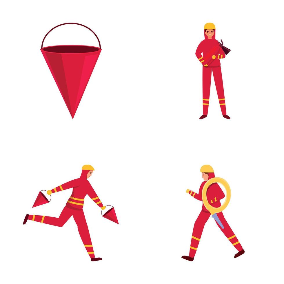 Fire department icons set cartoon . Firefighter with firefighting tool vector