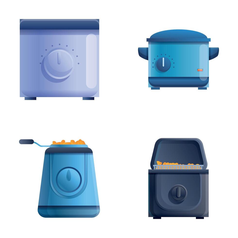 Deep fryer icons set cartoon . Various deep fat fryer vector