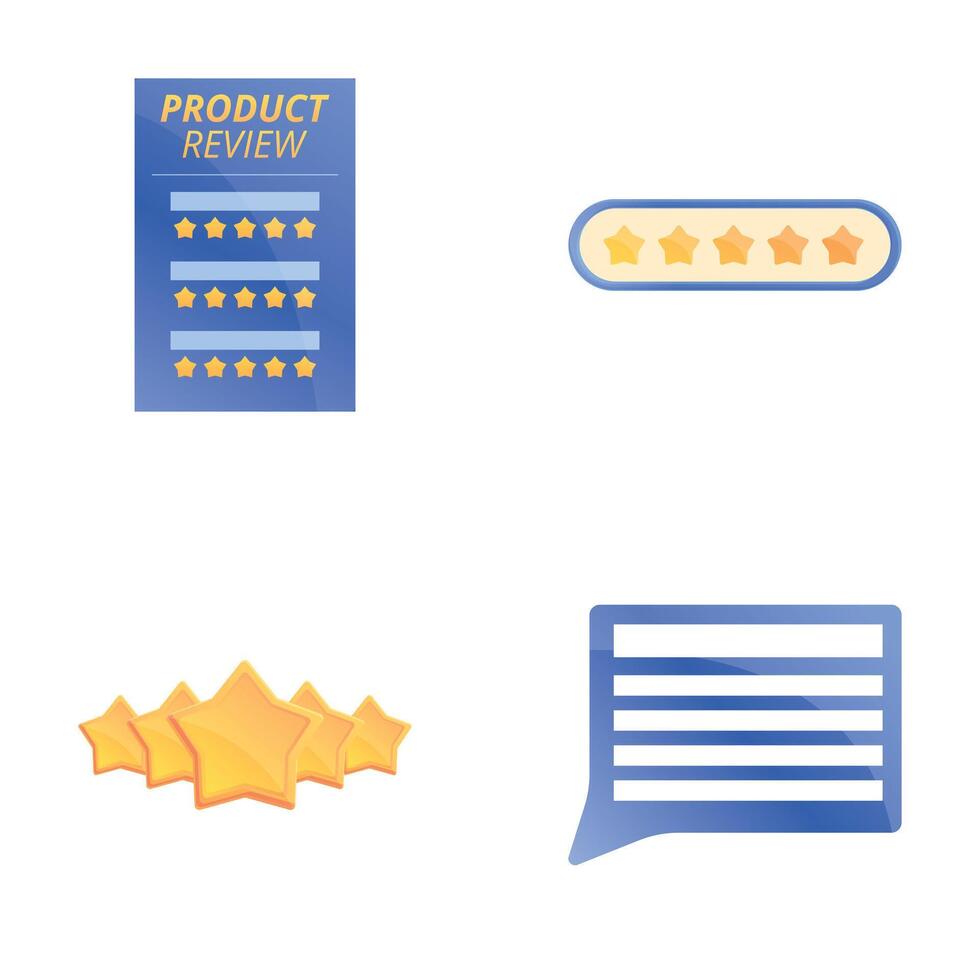 Product review icons set cartoon . Product rating and review vector