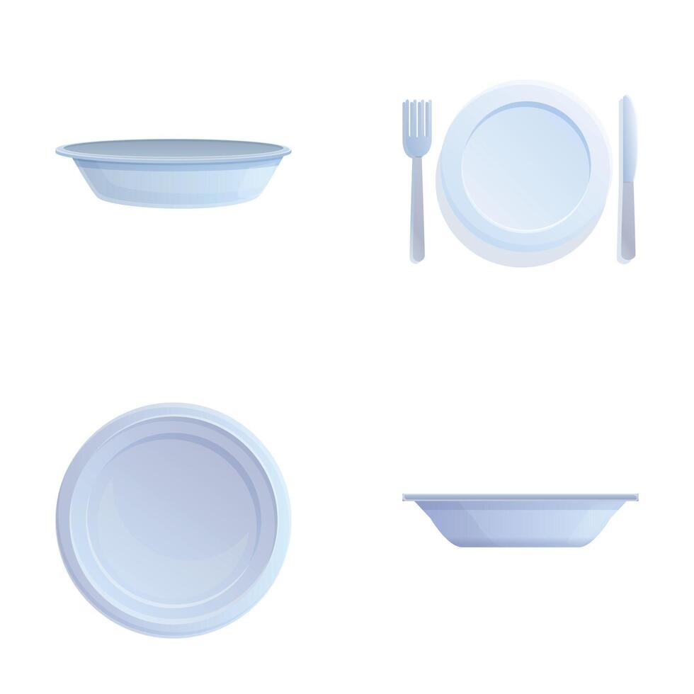 Kitchen dishes icons set cartoon . Washed ceramic shiny tableware dish vector