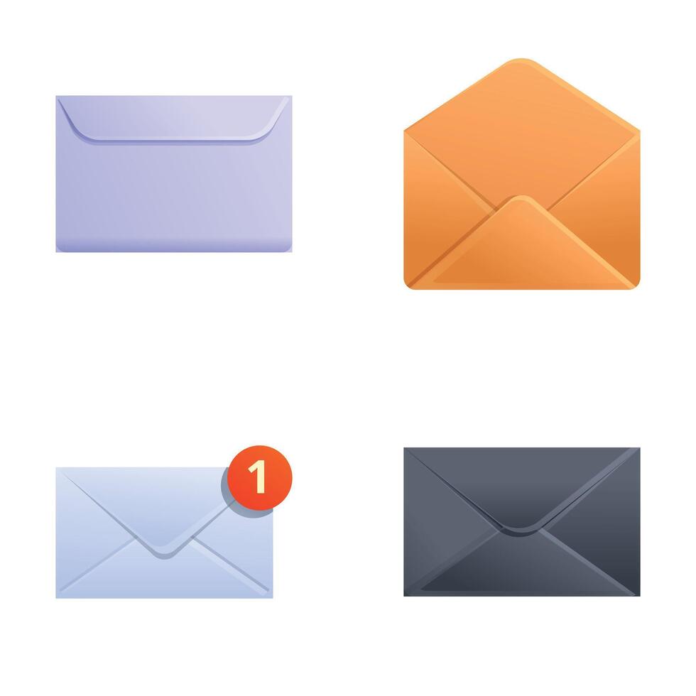 Mail message icons set cartoon . Opened and closed envelope with document vector