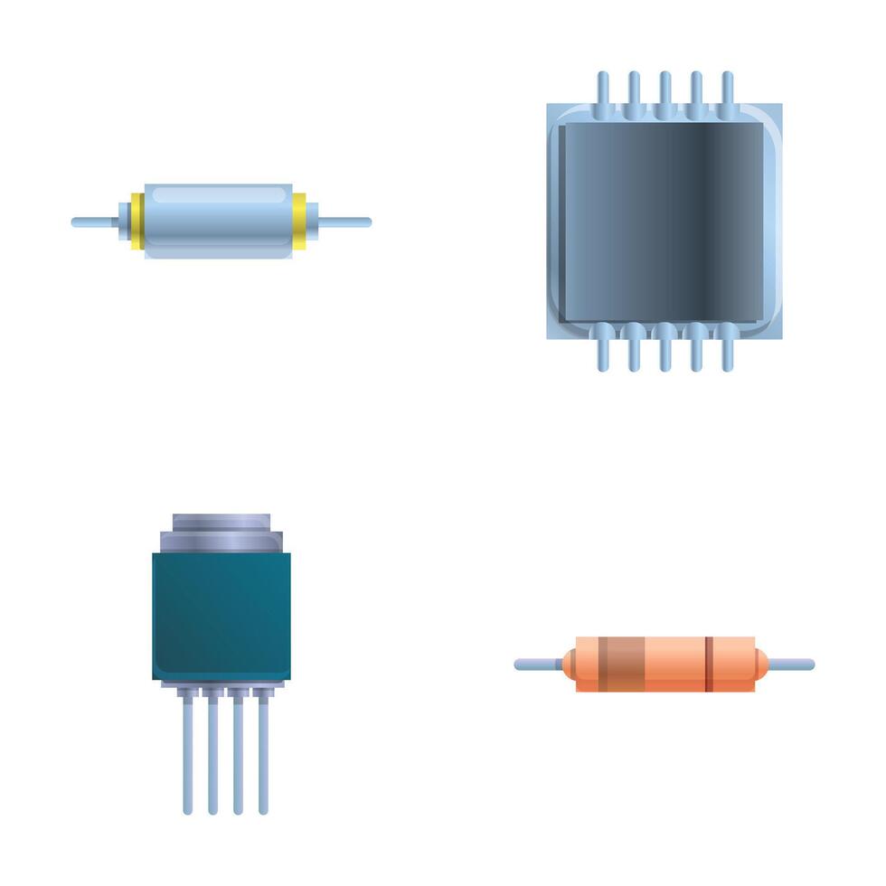 Resistor icons set cartoon . Various resistor and transistor vector