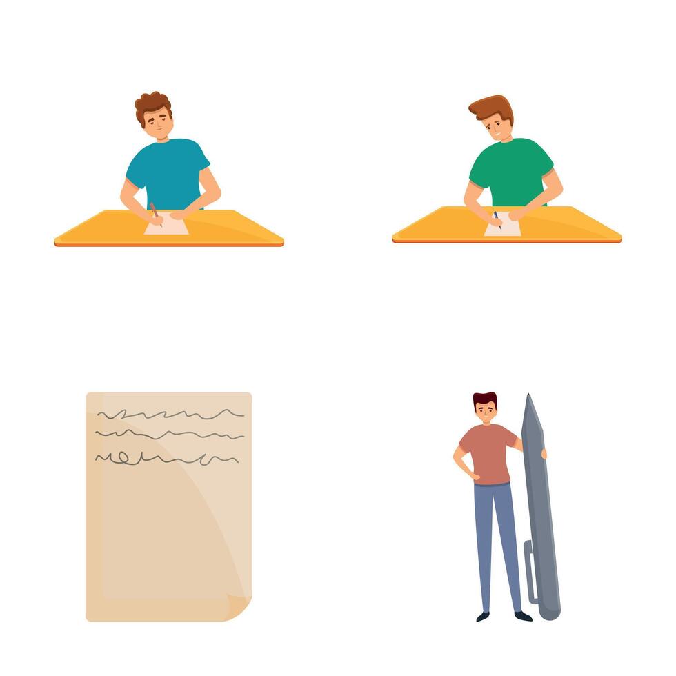 Journalist icons set cartoon . People writing hold pen in hand vector