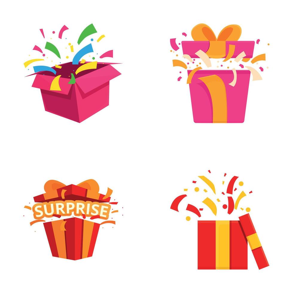 Surprise icons set cartoon . Open gift box with confetti vector
