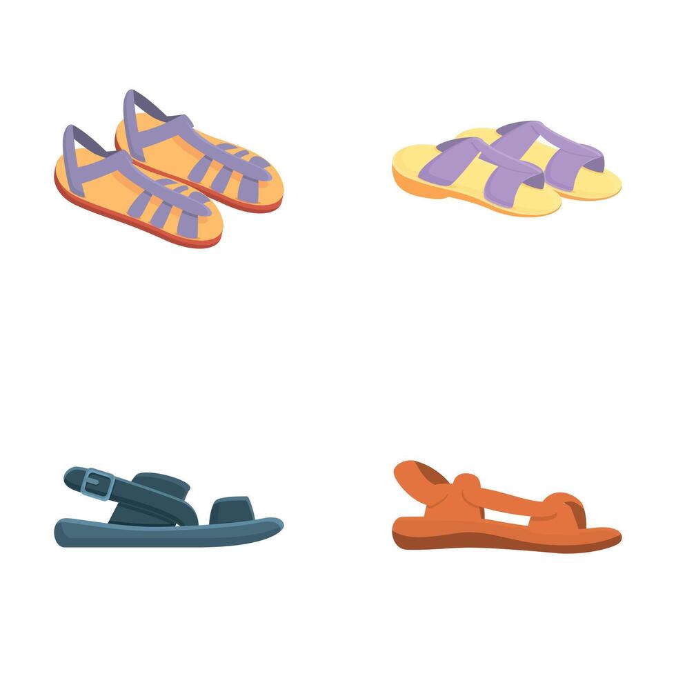 Summer shoe icons set cartoon . Various open fashion sandal with strap vector