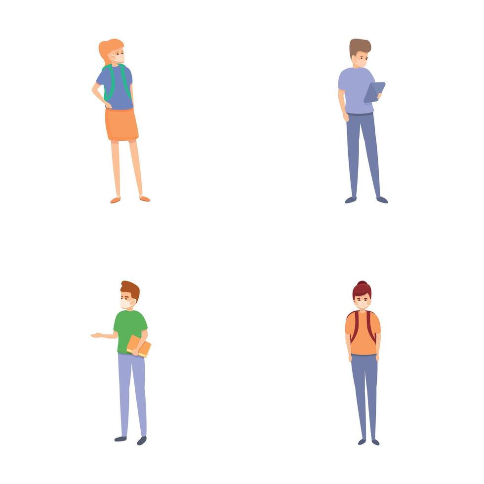 Social distancing icons set cartoon . Guy and girl student in face mask vector