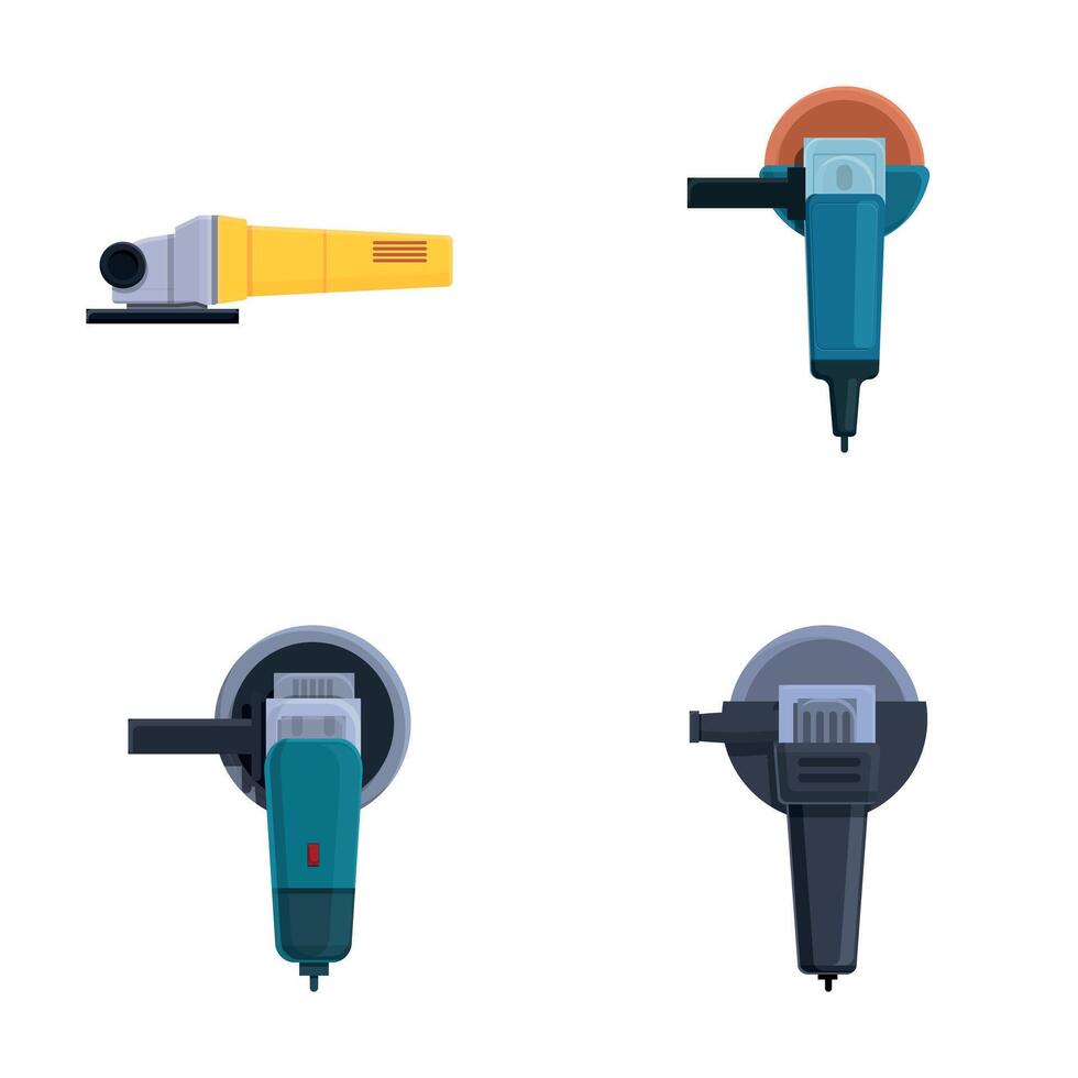 Grinder tool icons set cartoon . Equipment for cutting and grinding vector