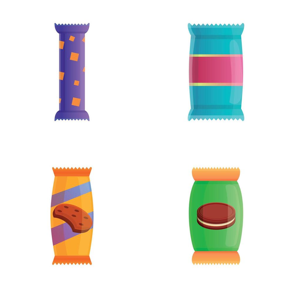 Packaged cookie icons set cartoon . Various cookie in colorful package vector