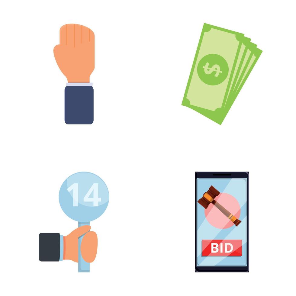 Online auction icons set cartoon . Buying and selling lot at auction vector