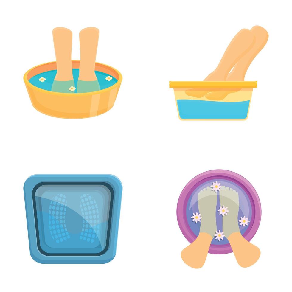 Spa procedure icons set cartoon . Feet soaking in bowl with flower petal vector