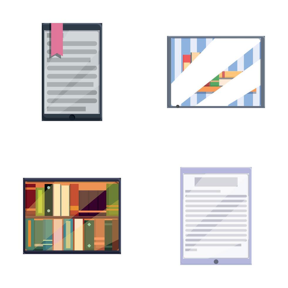 E library icons set cartoon . Gadget with book and text on screen vector