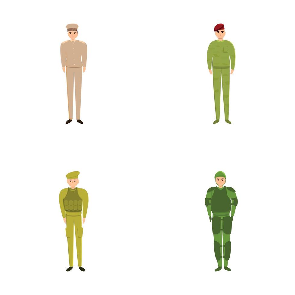 Military character icons set cartoon . Soldier and officer in army uniform vector