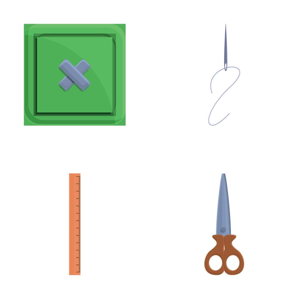 Sewing tool icons set cartoon . Needle fabric piece scissors and ruler vector