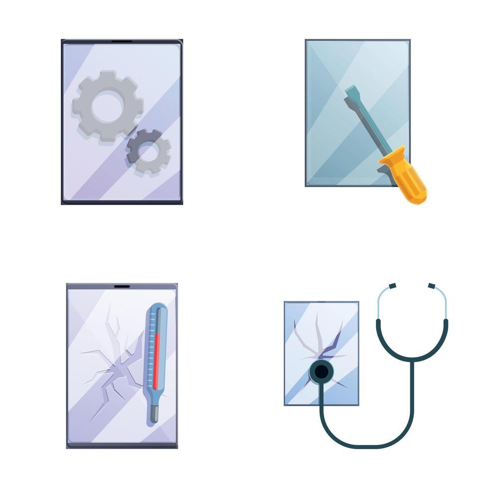 Smartphone repair icons set cartoon . Smartphone with tool and spare part vector