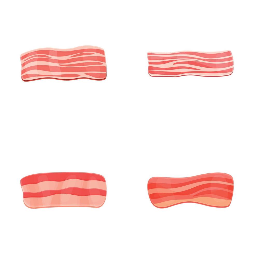 Sliced bacon icons set cartoon . Four strip of fried crispy bacon vector