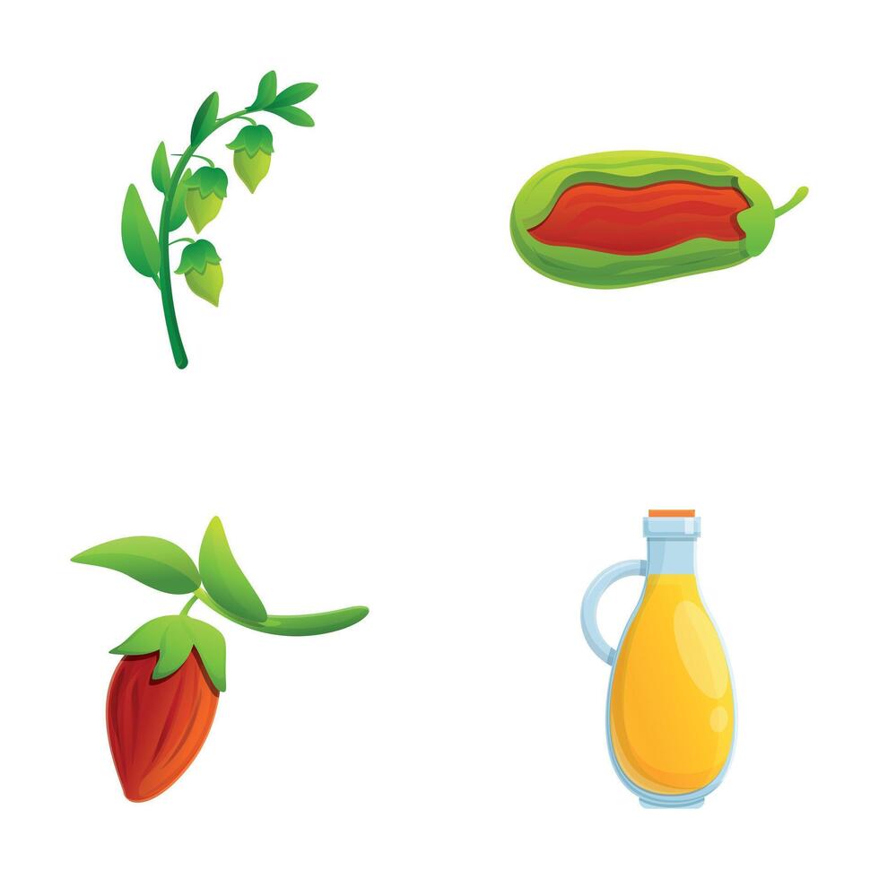 Jojoba oil icons set cartoon . Jojoba branch with nut and organic oil vector