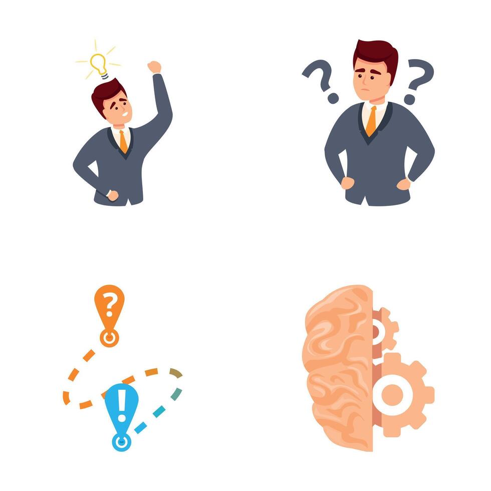 Brainstorm icons set cartoon . Businessman thinking and solving problem vector