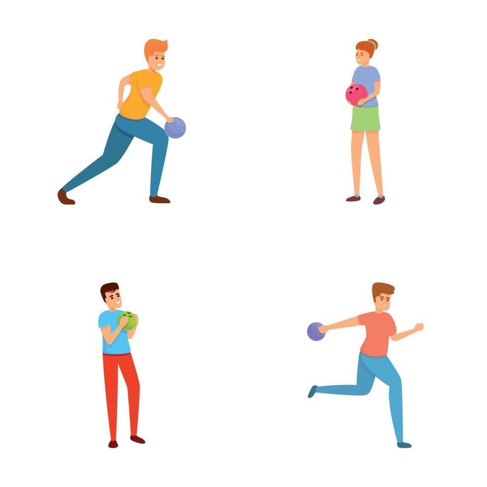 Bowling sport icons set cartoon . Bowling player prepare throw ball vector