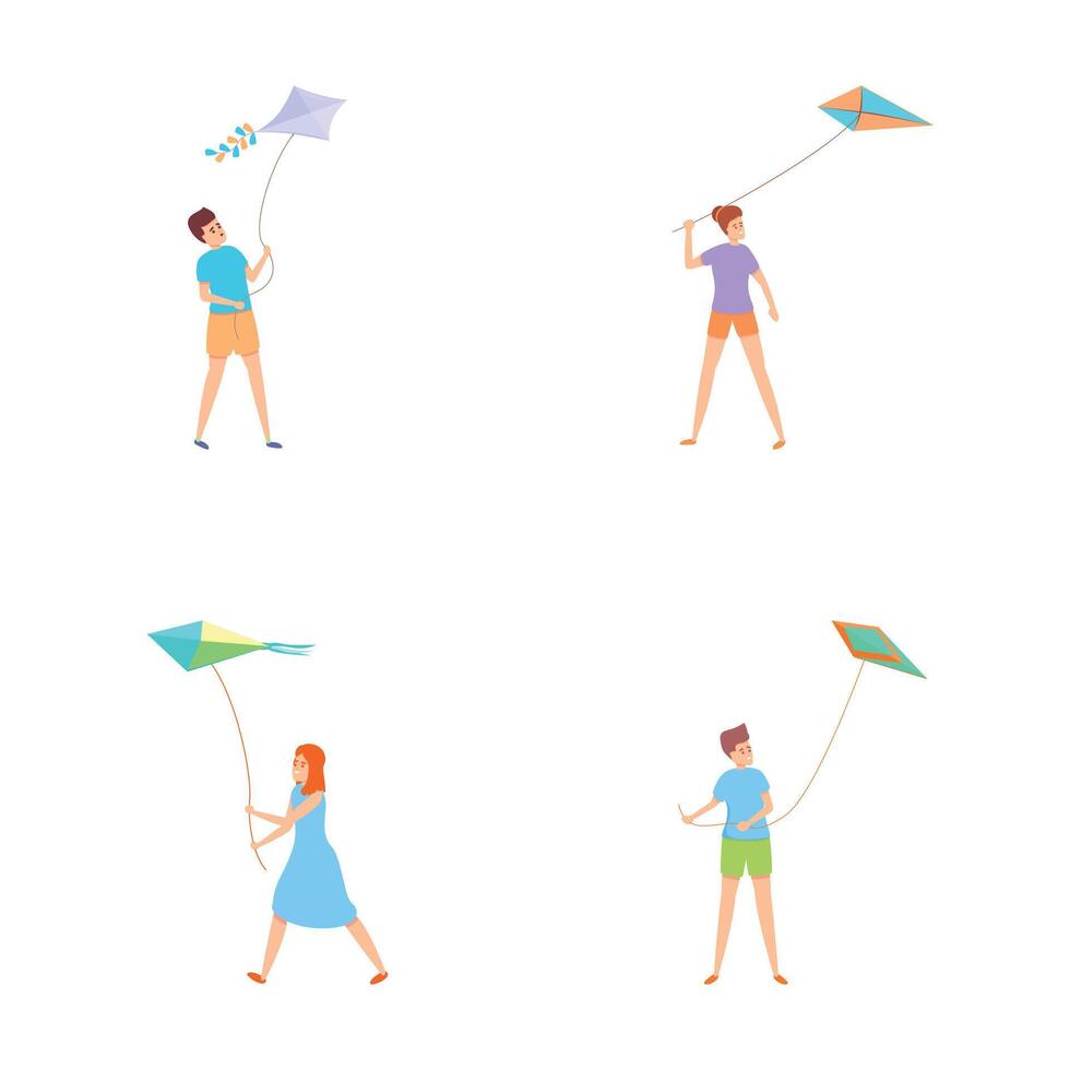 Summer rest icons set cartoon . People with kite flying in sky vector