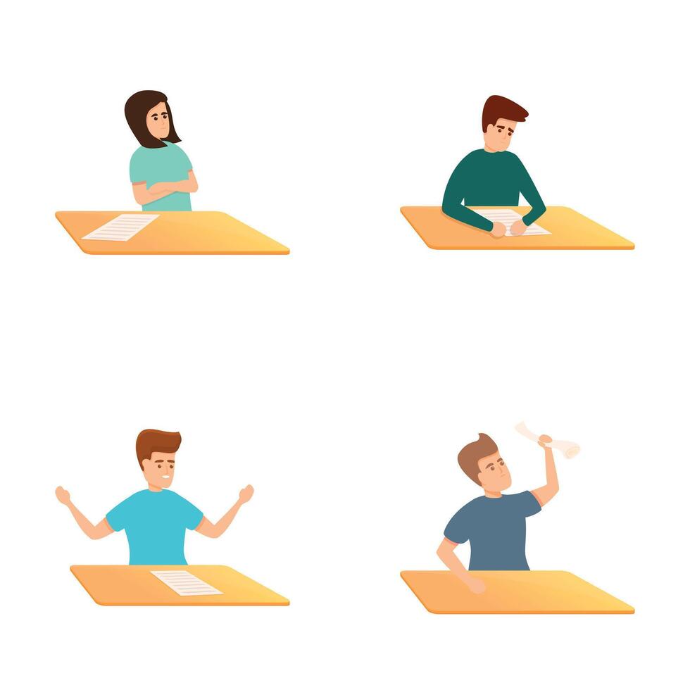 Passing exam icons set cartoon . Young people taking exam vector