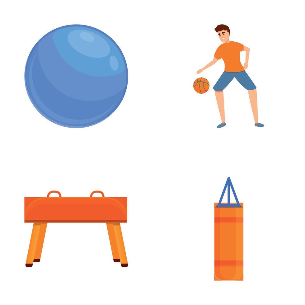 Gym training icons set cartoon . People doing sport or physical exercise vector