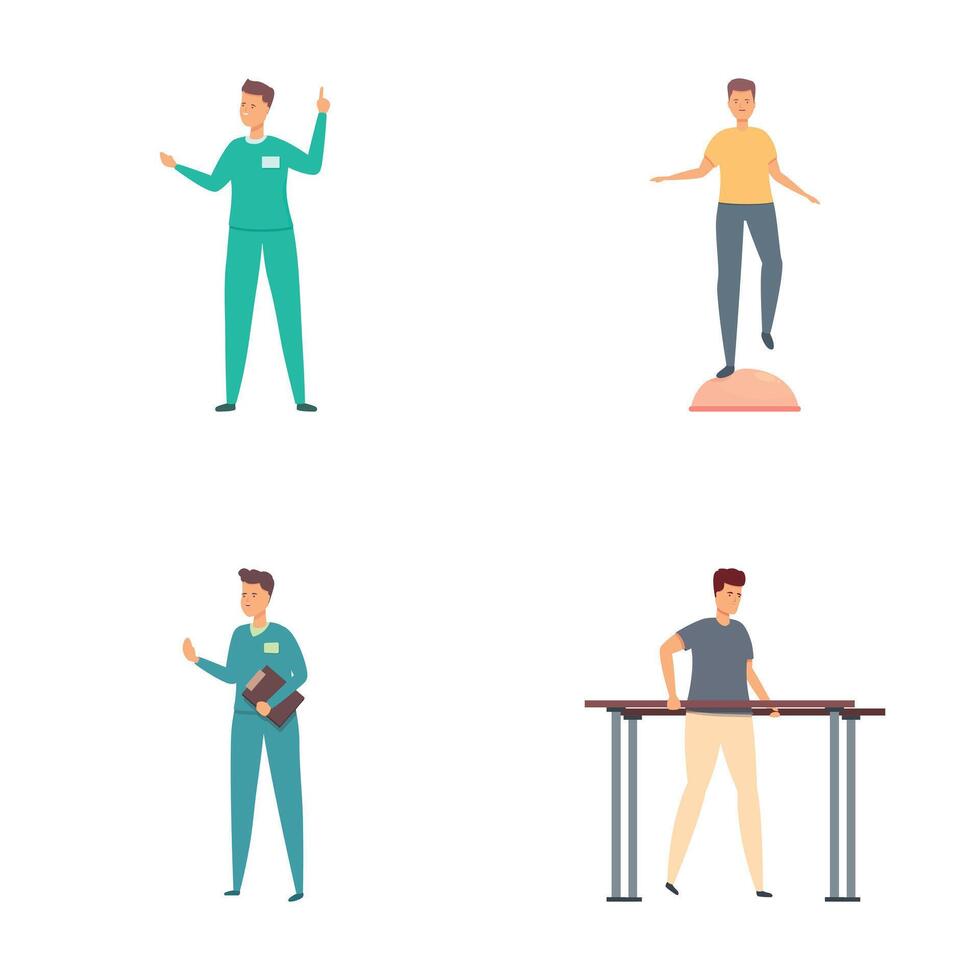 Injury rehabilitation icons set cartoon . Therapist help patient recovery vector