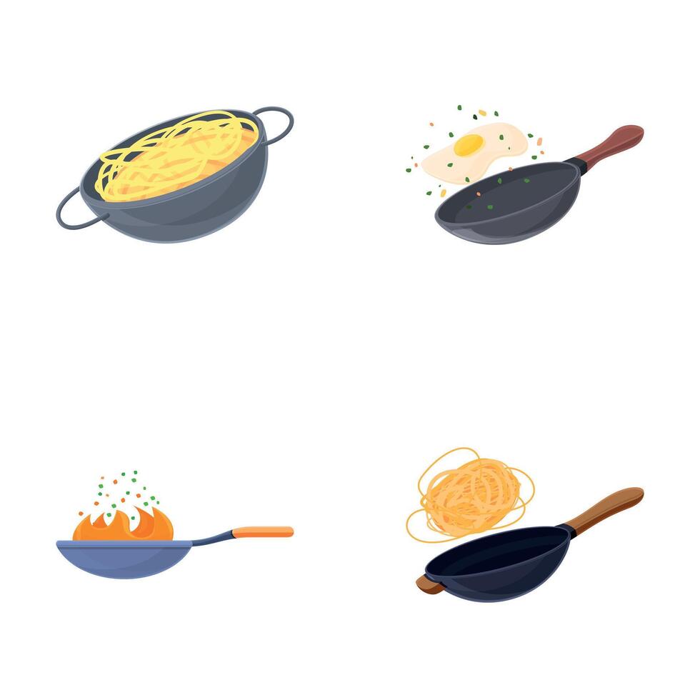 Cooking concept icons set cartoon . Various dishes cooked in frying pan vector