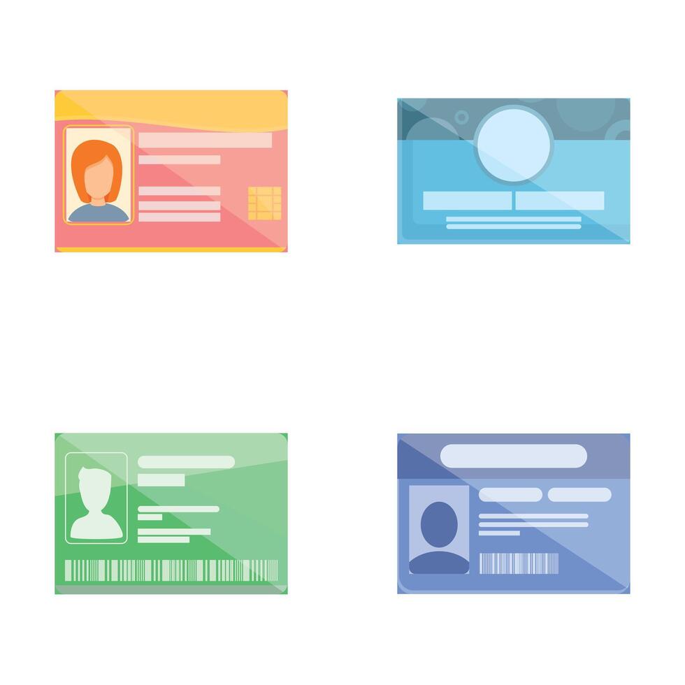 Identity card icons set cartoon . Driver license id card or plastic card vector