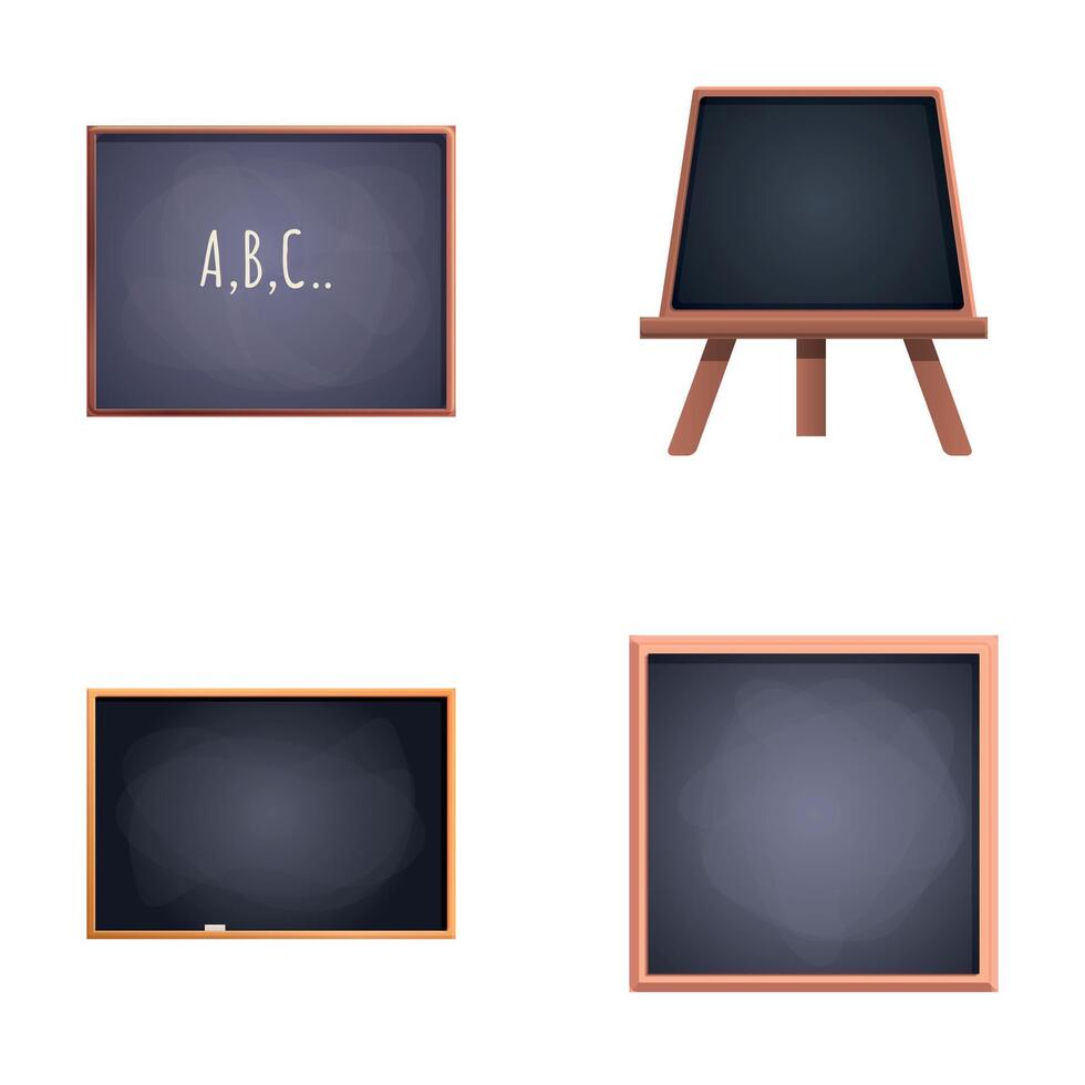 Various chalkboard icons set cartoon . Black blackboard in wooden frame vector