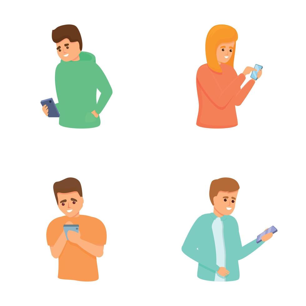 Phone user icons set cartoon . People talking and typing on smartphone vector