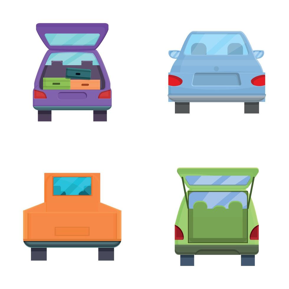 Automobile trunk icons set cartoon . Various minivan with open trunk vector