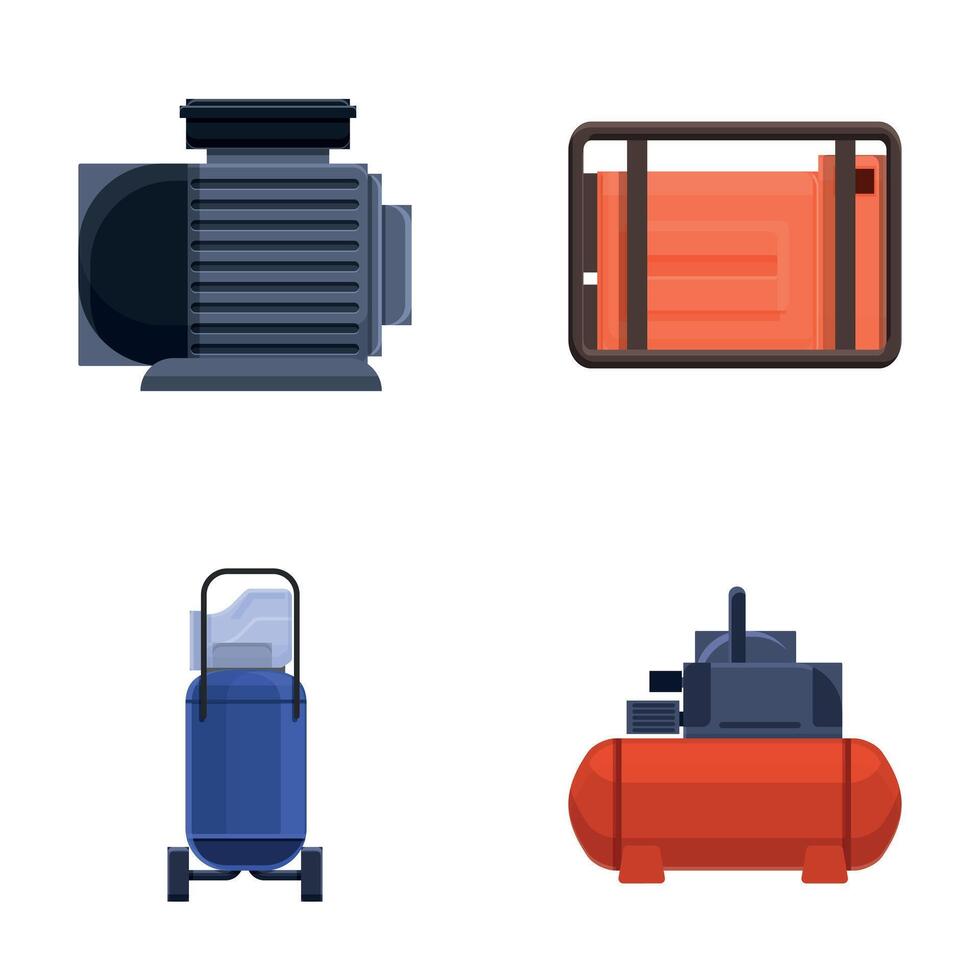 Various compressor icons set cartoon . Different type of air compressor vector