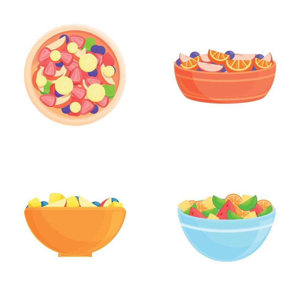 Fresh salad icons set cartoon . Salad with ripe fruit and berry vector