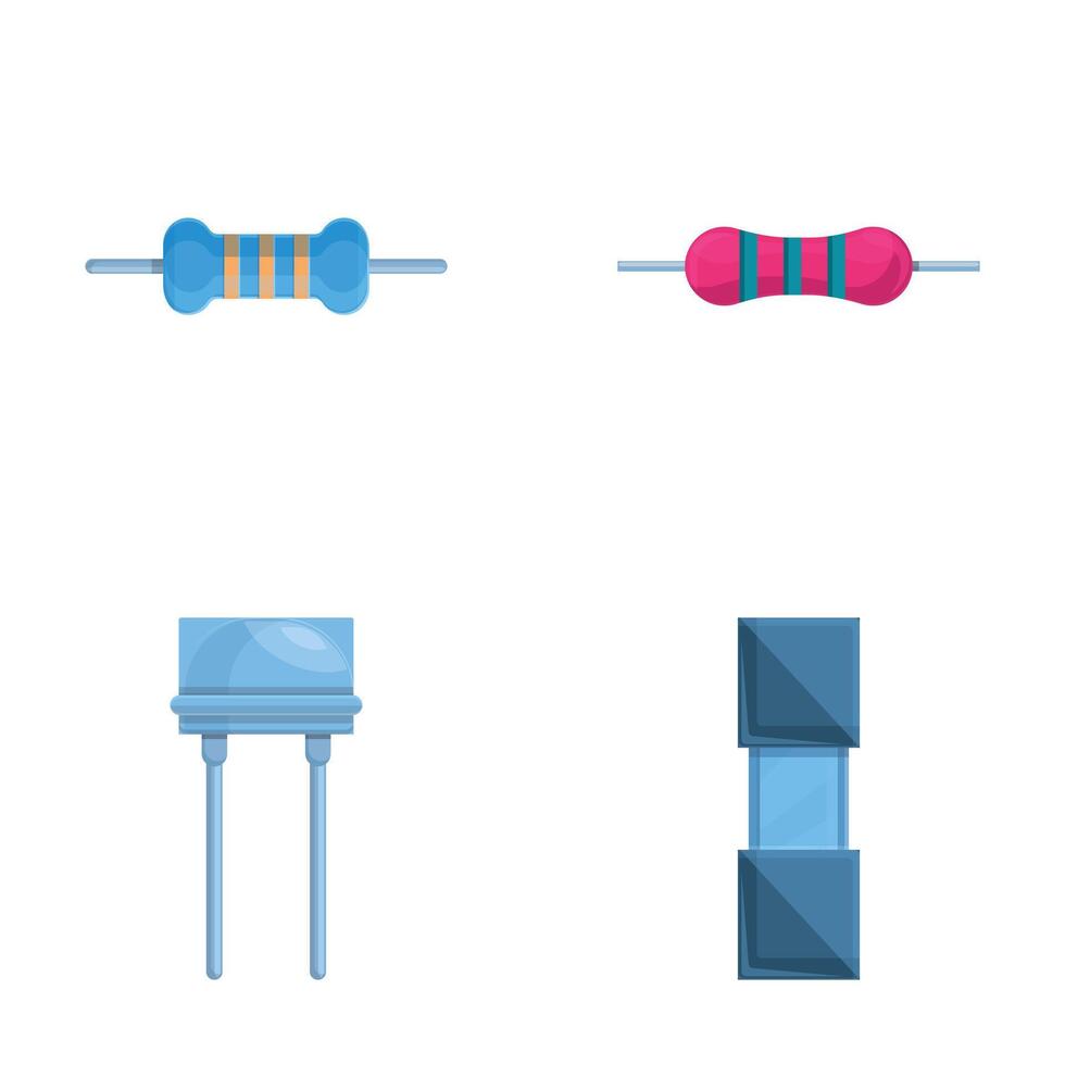 Resistor icons set cartoon . Various resistor and transistor vector