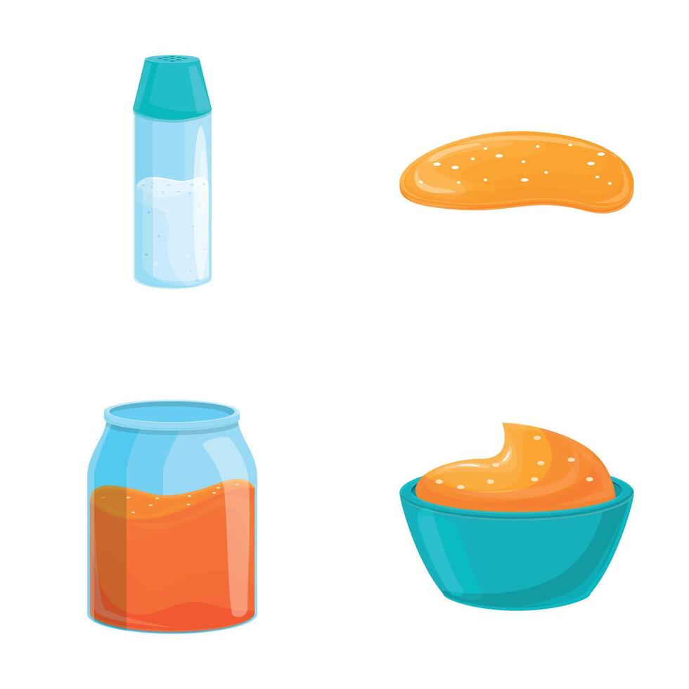 Soft caramel icons set cartoon . Nasty soft caramel in bowl and jar vector