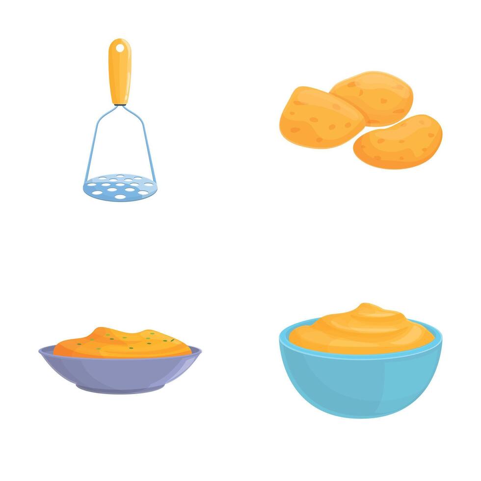 Making potato icons set cartoon . Process of making mashed potato vector
