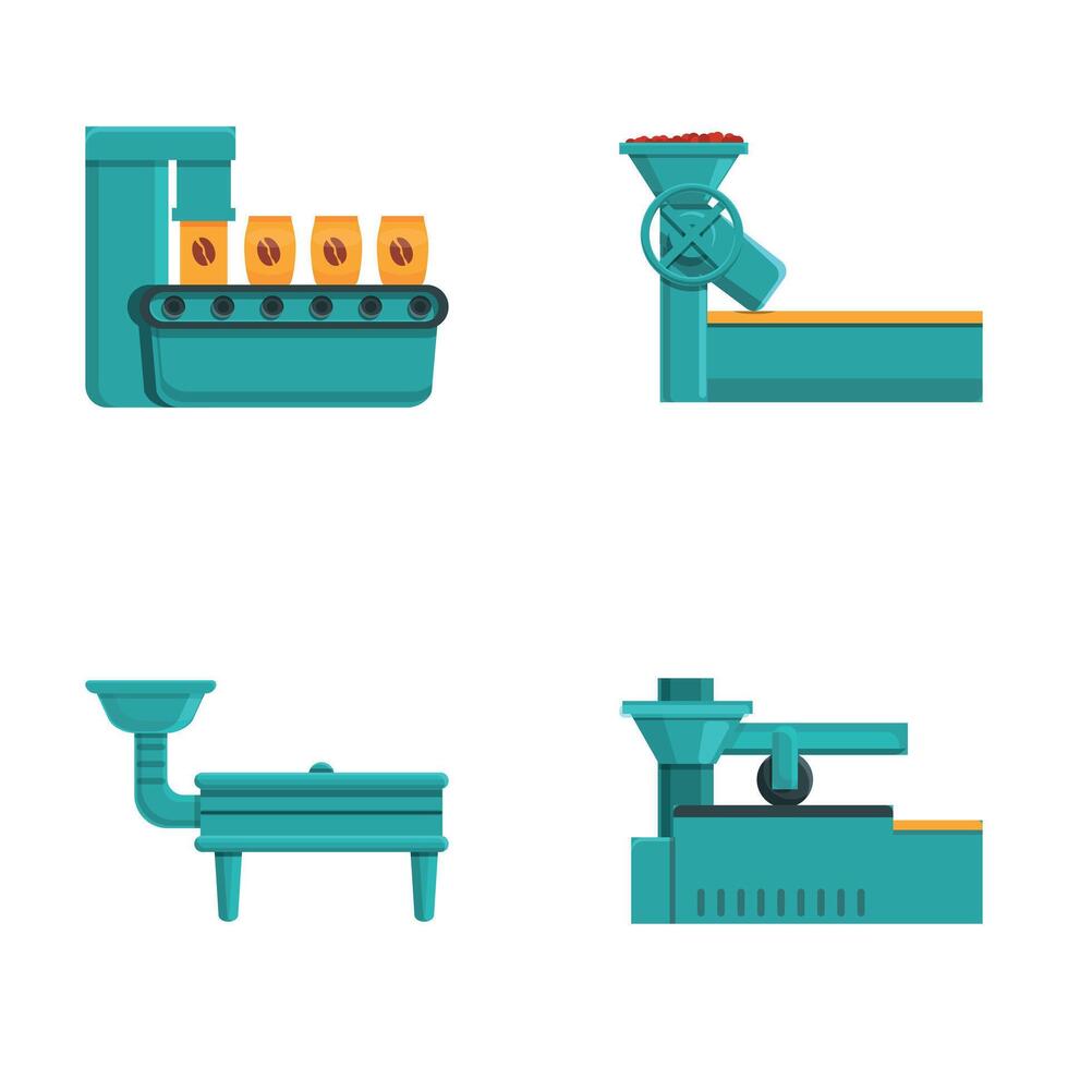 Coffee production icons set cartoon . Packing machine and coffee maker vector
